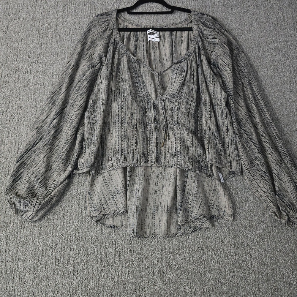 One Teaspoon Luxe Womens S Boho Peasant Blouse Gray Printed Tie Neck Long Sleeve